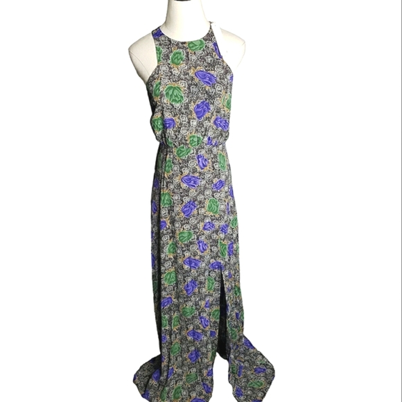 Revolve Line & Dot Dark Floral Crepe High Slit Maximalist Maxi Event Date Dress - Picture 1 of 13